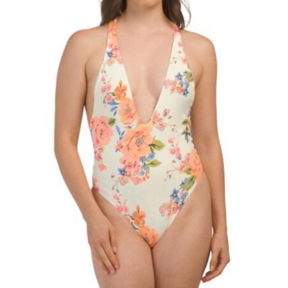 NEW MAAJI Floral + Cow Print Reversible Plunge Cheeky One-Piece Swimsuit